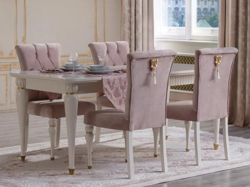 Casa Padrino Luxus Barock Esszimmer Set Rosa / Weiß / Gold - 1 Esstisch & 6 Esszimmerstühle - Barock Esszimmer Möbel Top-Angebot