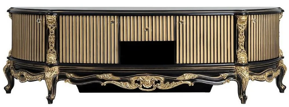 Casa Padrino Luxus Barock TV Schrank Schwarz / Gold - Prunkvolles Massivholz Sideboard mit 4 Türen und Schublade - Barock Wohnzimmer Möbel Letzte Chance