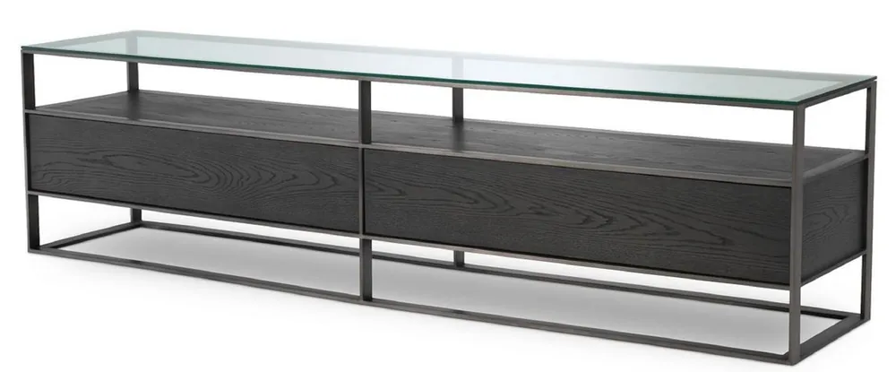 Casa Padrino Luxus Fernsehschrank Grau / Schwarz 220 x 46 x H. 56,5 cm - Sideboard mit Glasplatte und 2 Schubladen - Luxus Wohnzimmer Möbel Aktuell