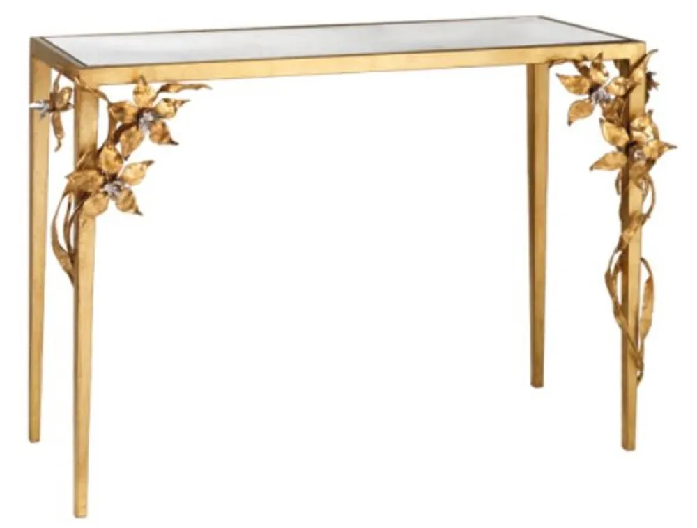 Preis Gesenkt Casa Padrino Luxus Konsole mit dekorativen handgeschmiedeten Blumen Gold 120 x 45 x H. 95 cm - Edler Konsolentisch mit Glasplatte und Swarovski Kristallglas - Luxus Möbel