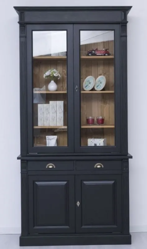 Casa Padrino Landhausstil Vitrine Schwarz / Naturfarben 120 x 51 x H. 240 cm - Massivholz Schrank - Vitrinenschrank - Wohnzimmerschrank - Landhausstil Möbel Saisonangebot
