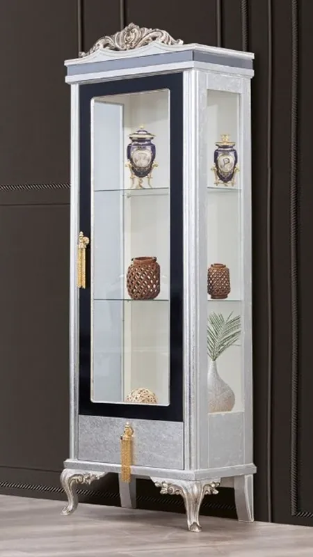 Zertifiziert Casa Padrino Luxus Barock Vitrine Silber / Schwarz / Gold - Handgefertigter Massivholz Vitrinenschrank - Barock Wohnzimmer Möbel
