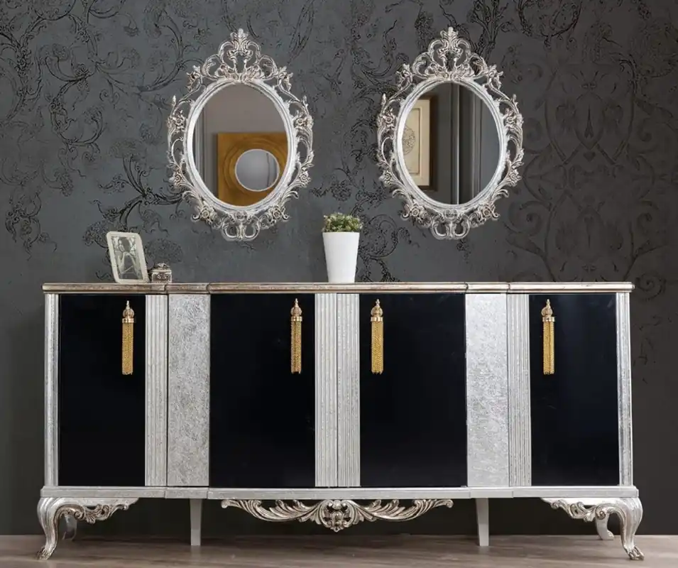 Casa Padrino Luxus Barock Möbel Set Silber / Schwarz / Gold - 1 Sideboard mit 4 Türen & 2 Spiegel - Edle Barock Möbel - Edel & Prunkvoll Schnäppchen