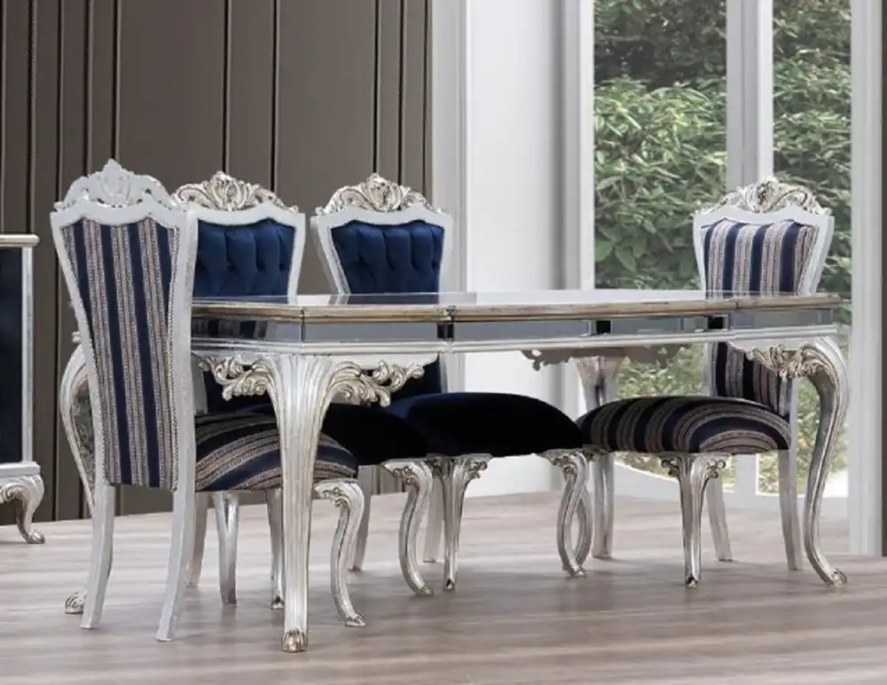 Casa Padrino Luxus Barock Esszimmer Set Blau / Silber - 1 Esstisch & 6 Esszimmerstühle - Handgefertigte Barock Esszimmer Möbel Mega-Angebot