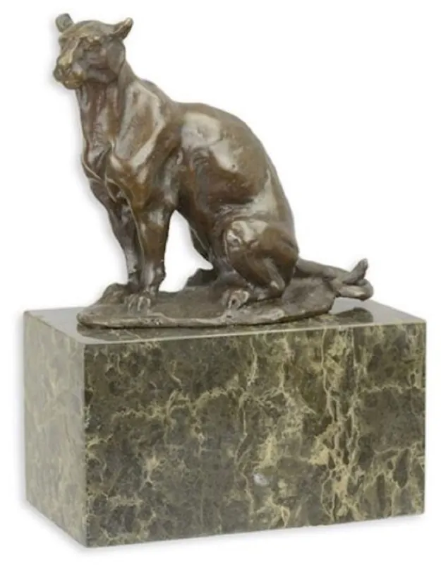 Casa Padrino Luxus Bronzefigur Panther Bronzefarben / Mehrfarbig 13,5 x 7,2 x H. 18,2 cm - Elegante Bronze Skulptur mit Marmorsockel - Deko Accessoires Kracherpreis