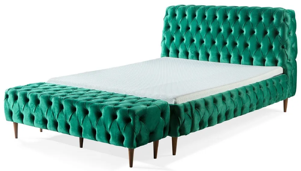 Markenprodukt Casa Padrino Luxus Chesterfield Doppelbett Grün / Braun - Verschiedene Größen - Modernes Bett mit Matratze und Sitzbank - Schlafzimmer Möbel