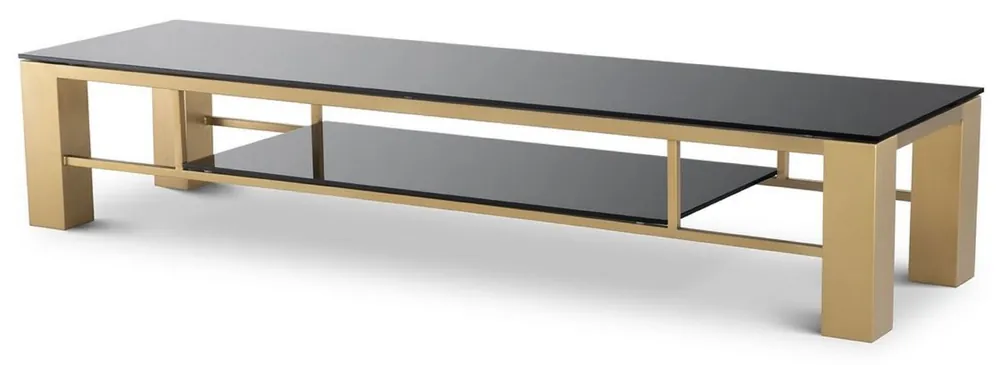 Casa Padrino Luxus TV Schrank Messingfarben / Schwarz 195 x 55 x H. 38 cm - Edelstahl Sideboard mit Glasplatten - Luxus Wohnzimmer Möbel Preiswert