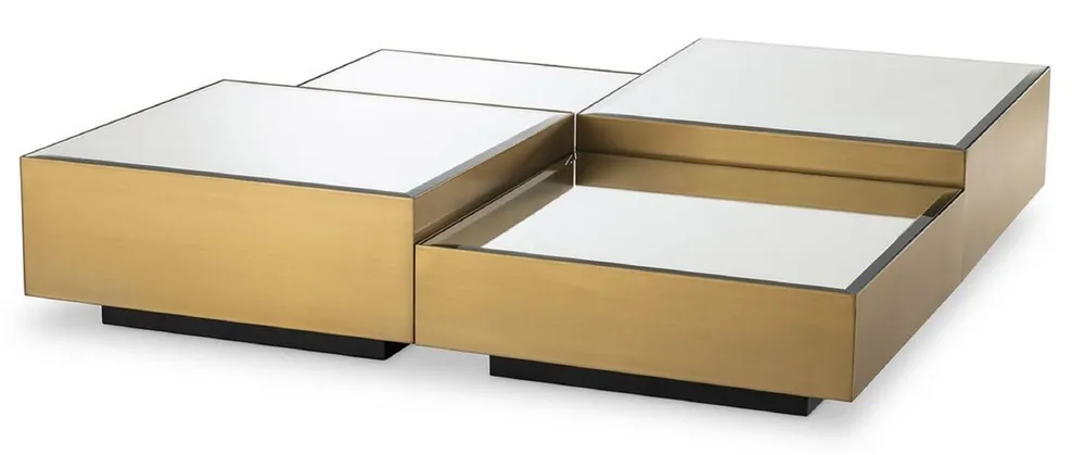 Preisknaller Casa Padrino Luxus Edelstahl Couchtisch Set mit Spiegelglas Tischplatten Messingfarben / Schwarz - Wohnzimmer Möbel - Luxus Möbel