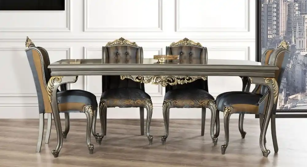 Highlight Casa Padrino Luxus Barock Esstisch Grau / Gold - Edler Massivholz Esszimmertisch - Barock Esszimmer Möbel - Edel & Prunkvoll