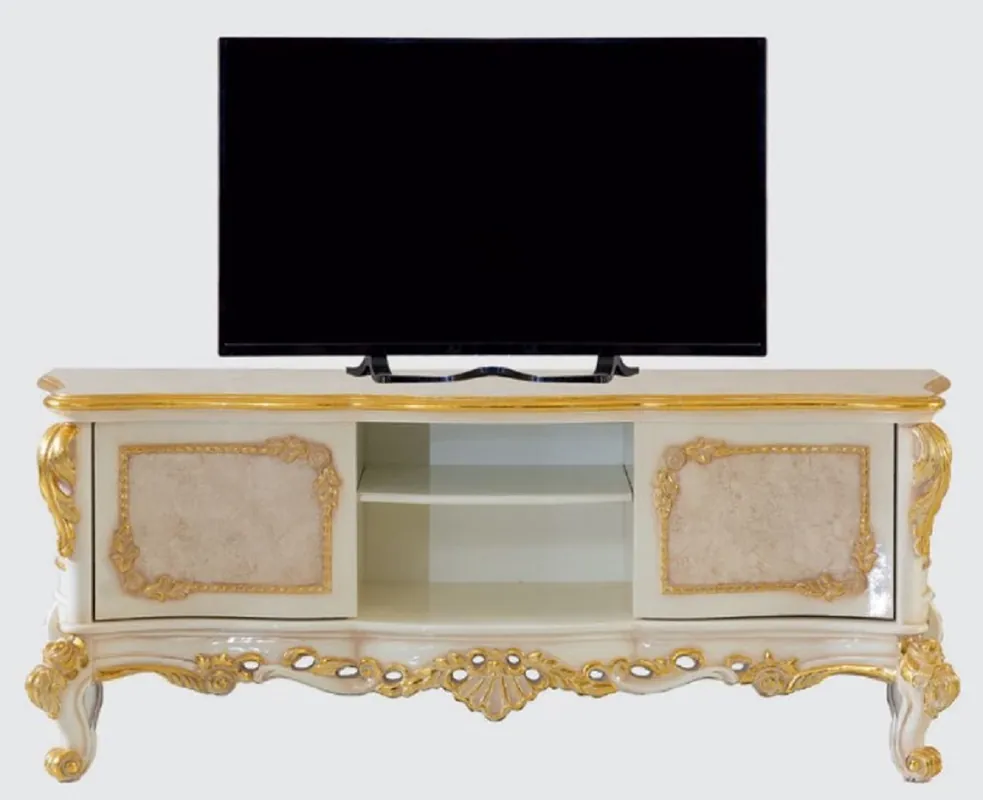 Neue Kollektion Casa Padrino Luxus Barock TV Schrank Beige / Weiß / Gold - Prunkvolles Wohnzimmer Sideboard mit 2 Türen - Barock Wohnzimmer Möbel