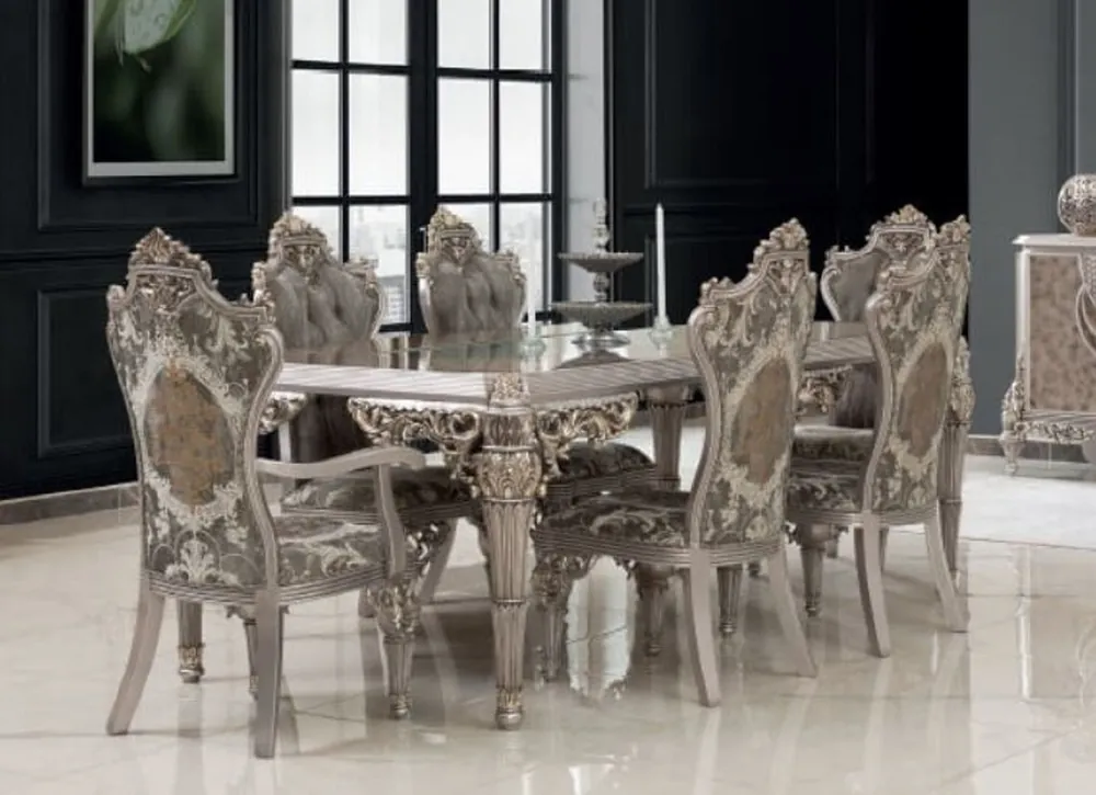 Sale Casa Padrino Luxus Barock Esszimmer Set Grau / Silber - 1 Esstisch & 8 Esszimmerstühle - Prunkvolle Esszimmer Möbel im Barockstil