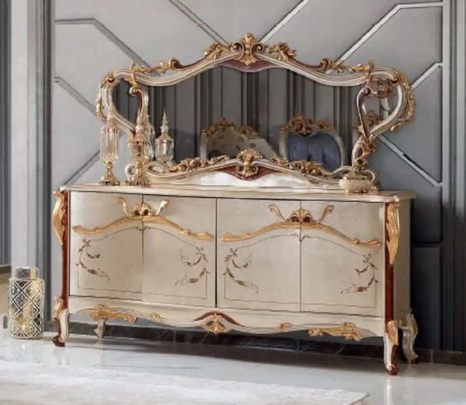 Casa Padrino Luxus Barock Möbel Set Sideboard mit Spiegel Silber / Braun / Gold - Prunkvoller Massivholz Schrank mit elegantem Wandspiegel - Möbel im Barockstil Preisknaller