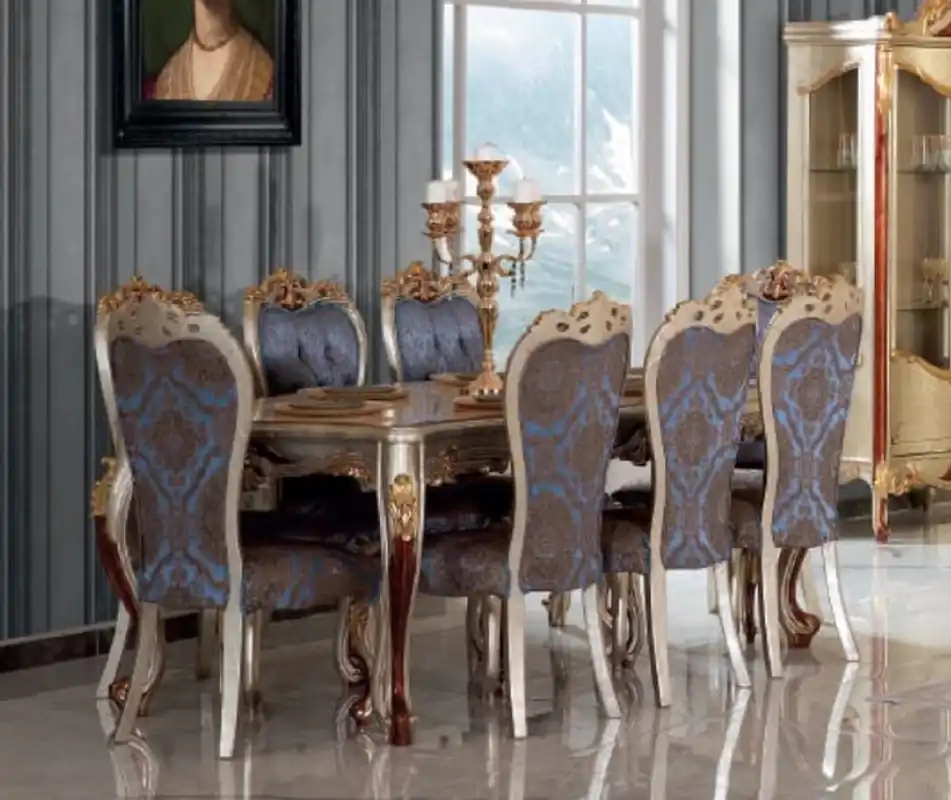 Casa Padrino Luxus Barock Esszimmer Set Blau / Silber - 1 Esstisch & 8 Esszimmerstühle - Prunkvolle Esszimmer Möbel im Barockstil Preiswert