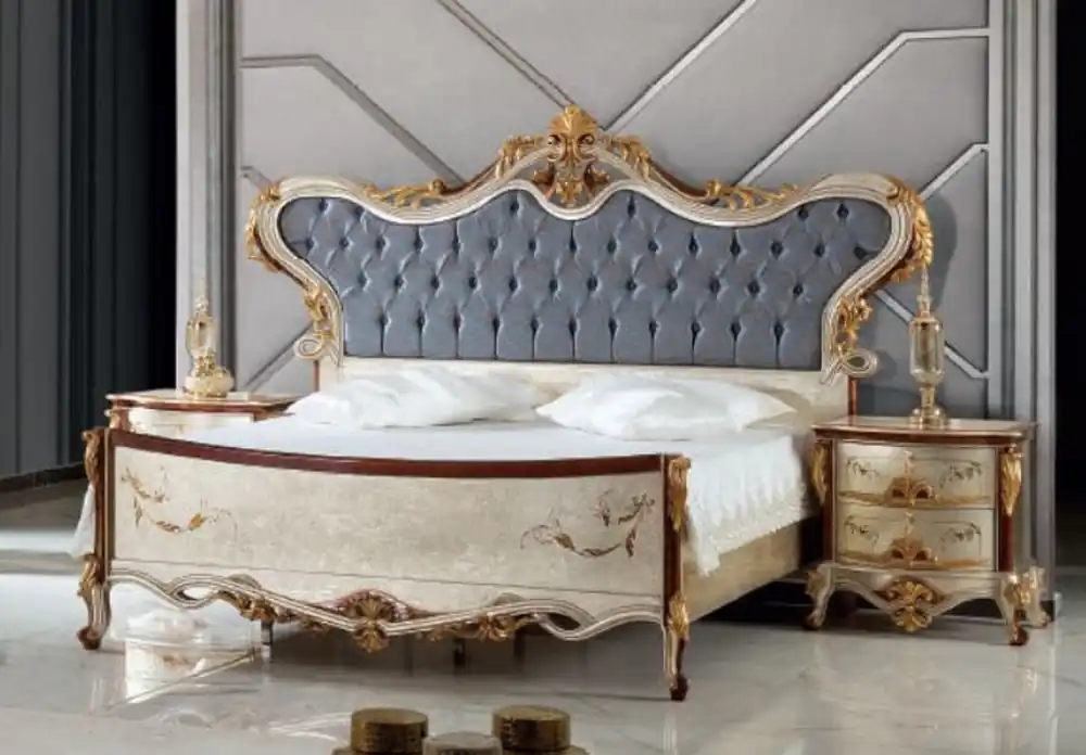 Casa Padrino Luxus Barock Schlafzimmer Set Blau / Silber - 1 Doppelbett mit Kopfteil & 2 Nachttische - Schlafzimmer Möbel im Barockstil - Edel & Prunkvoll Garantierte Lieferung