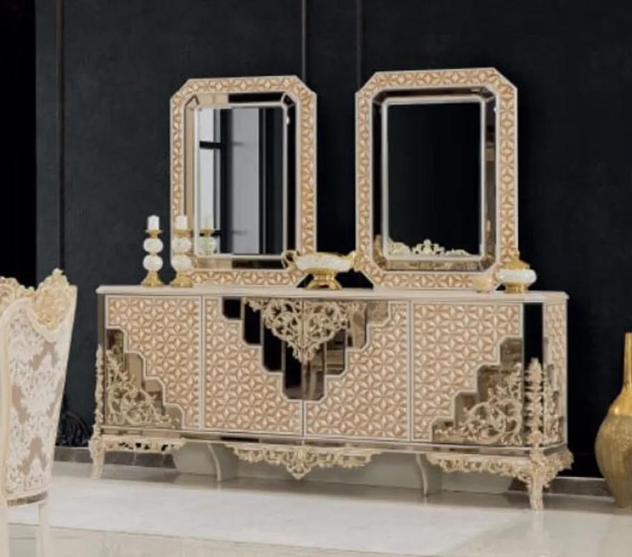 Highlight Casa Padrino Luxus Barock Möbel Set Weiß / Gold - 1 Sideboard & 2 Spiegel - Handgefertigte Möbel im Barockstil - Edel & Prunkvoll