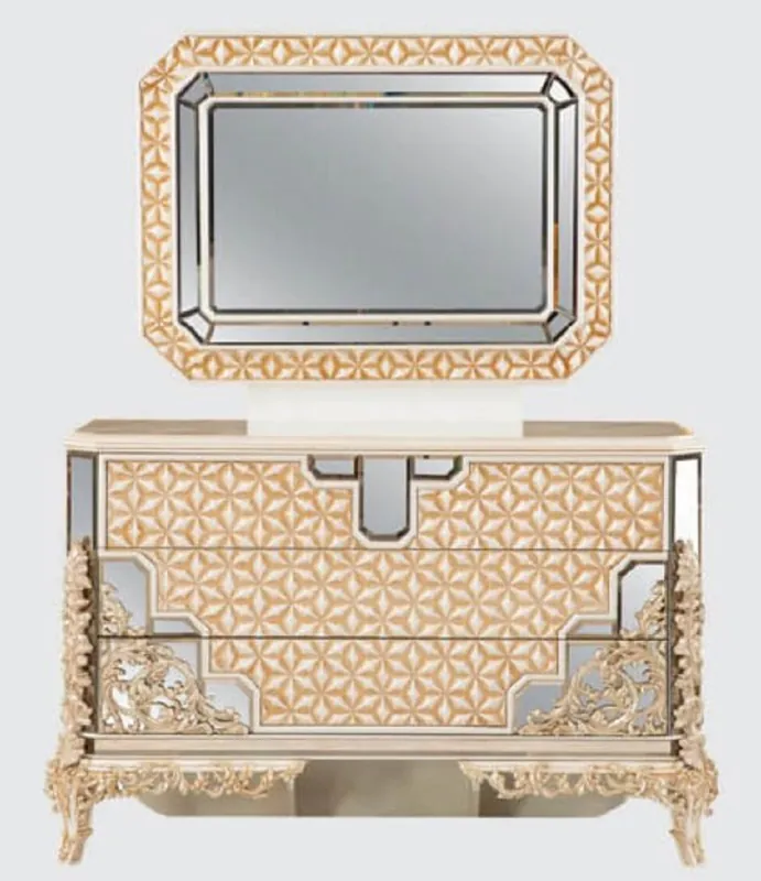 Casa Padrino Luxus Barock Schlafzimmer Kommode mit Spiegel Weiß / Gold - Barock Schlafzimmer Möbel - Edel & Prunkvoll Ausverkauf