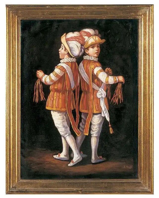 Casa Padrino Luxus Barock Ölgemälde Zwillinge Rot / Mehrfarbig / Gold 64 x H. 82 cm - Handgemaltes Gemälde im Barockstil - Barock Wand Deko Neu