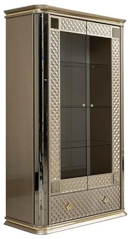 Casa Padrino Luxus Art Deco Vitrine Beige / Gold - Handgefertigter Massivholz Vitrinenschrank mit 2 Türen und Schublade - Edle Art Deco Möbel Markenprodukt