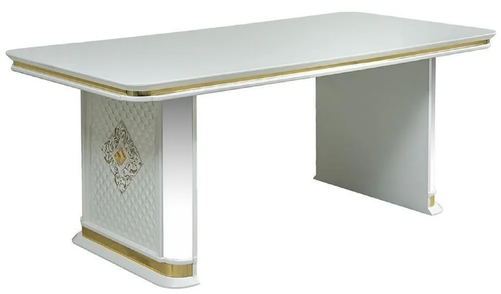 Casa Padrino Luxus Art Deco Esstisch Weiß / Gold - Handgefertigter Massivholz Küchentisch mit Spiegelglas - Art Deco Esszimmer Möbel Ausverkauf
