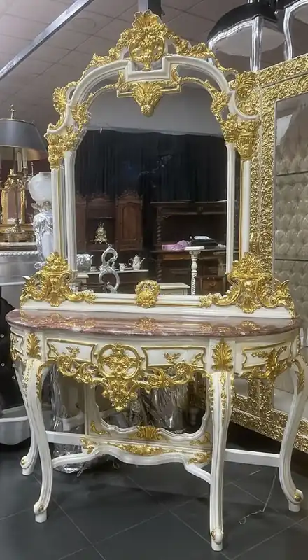 Sale Casa Padrino Barock Spiegelkonsole mit Marmorplatte Weiß / Gold / Braun - Prunkvolle Barock Konsole mit Spiegel - Garderoben Möbel Barockstil - Barock Möbel - Antik Stil Möbel - Edel & Prunkvoll