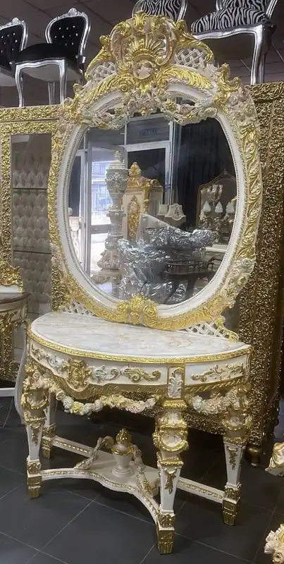 Neu Casa Padrino Barock Spiegelkonsole mit Marmorplatte Weiß / Mehrfarbig / Gold - Prunkvolle Barock Konsole mit Spiegel - Garderoben Möbel Barockstil - Barock Möbel - Antik Stil Möbel