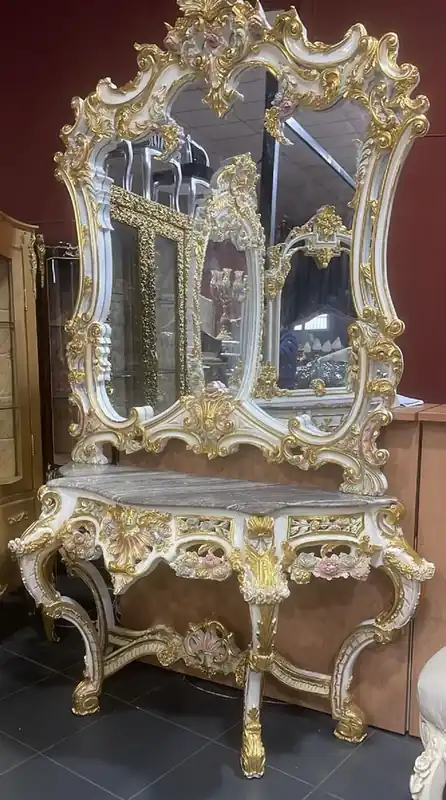 Casa Padrino Barock Spiegelkonsole mit Marmorplatte Weiß / Mehrfarbig / Gold / Grau - Prunkvolle Barock Konsole mit Spiegel - Garderoben Möbel Barockstil - Barock Möbel - Antik Stil Möbel Preisknaller
