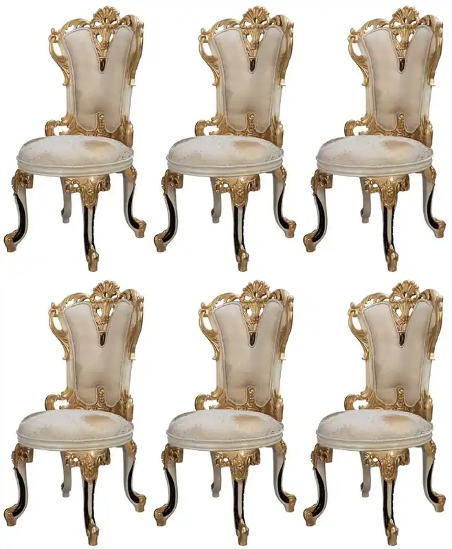 Neue Ware Casa Padrino Luxus Barock Esszimmerstuhl 6er Set Weiß / Creme / Beige / Schwarz / Gold - Barockstil Küchenstühle mit Muster - Luxus Esszimmer Möbel im Barockstil - Barock Esszimmer Möbel