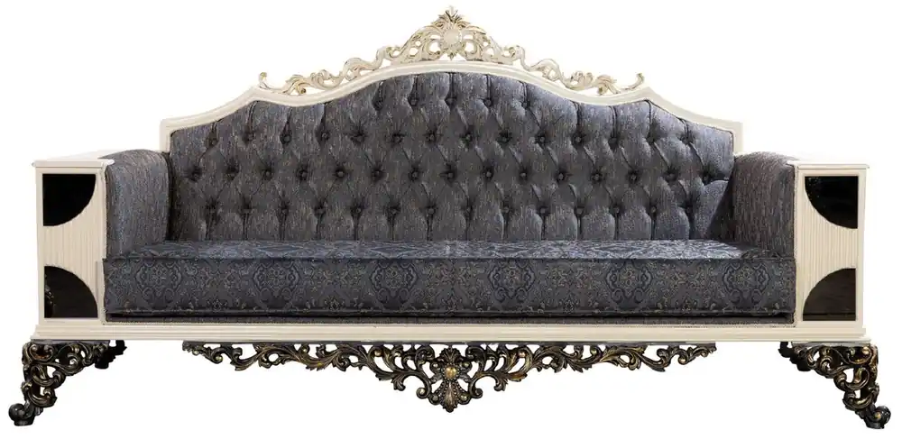 Jetzt Bestellen Casa Padrino Luxus Barock Sofa Blau / Weiß / Schwarz / Gold - Barockstil Wohnzimmer Sofa mit elegantem Muster - Luxus Wohnzimmer Möbel im Barockstil - Barock Möbel - Barock Einrichtung