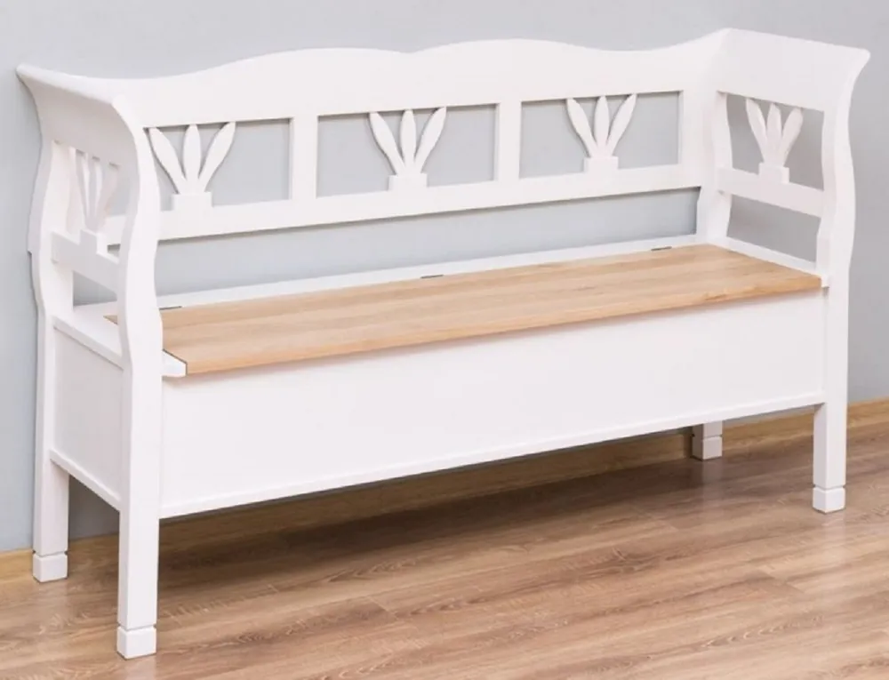 Casa Padrino Landhausstil Sitzbank Weiß / Naturfarben 163 x 48 x H. 92 cm - Massivholz Bank mit Stauraum - Massivholz Möbel - Landhausstil Möbel - Landhausstil Einrichtung Preis Gesenkt