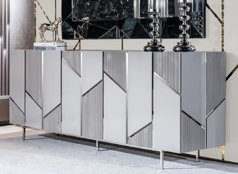 Casa Padrino Luxus Sideboard Grau / Silber 220 x 51 x H. 86 cm - Massivholz Schrank mit 4 Türen - Esszimmer Möbel - Wohnzimmer Möbel - Hotel Möbel - Luxus Möbel Begrenztes Angebot