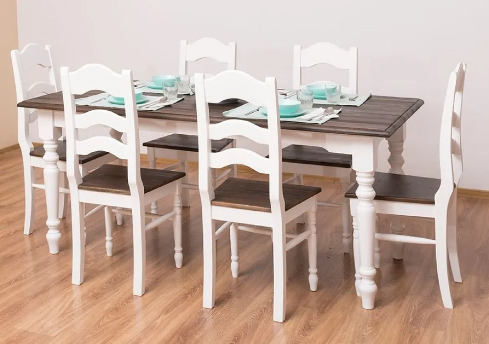 Casa Padrino Landhausstil Esszimmer Möbel Set Weiß / Dunkelbraun - 1 Landhausstil Esstisch & 6 Landhausstil Esszimmerstühle - Massivholz Esszimmer Möbel - Landhausstil Esszimmer Möbel Begrenztes Angebot