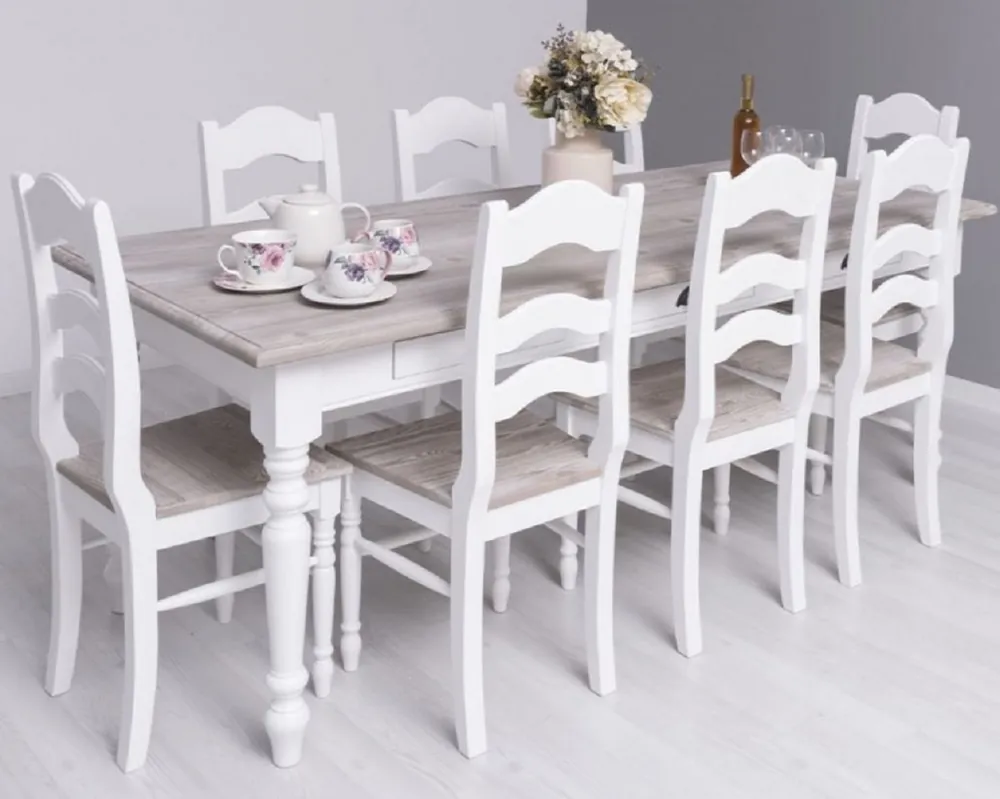 Casa Padrino Landhausstil Esszimmer Möbel Set Weiß / Naturfarben - 1 Landhausstil Esstisch & 8 Landhausstil Esszimmerstühle - Massivholz Esszimmer Möbel - Landhausstil Esszimmer Möbel Top-Seller