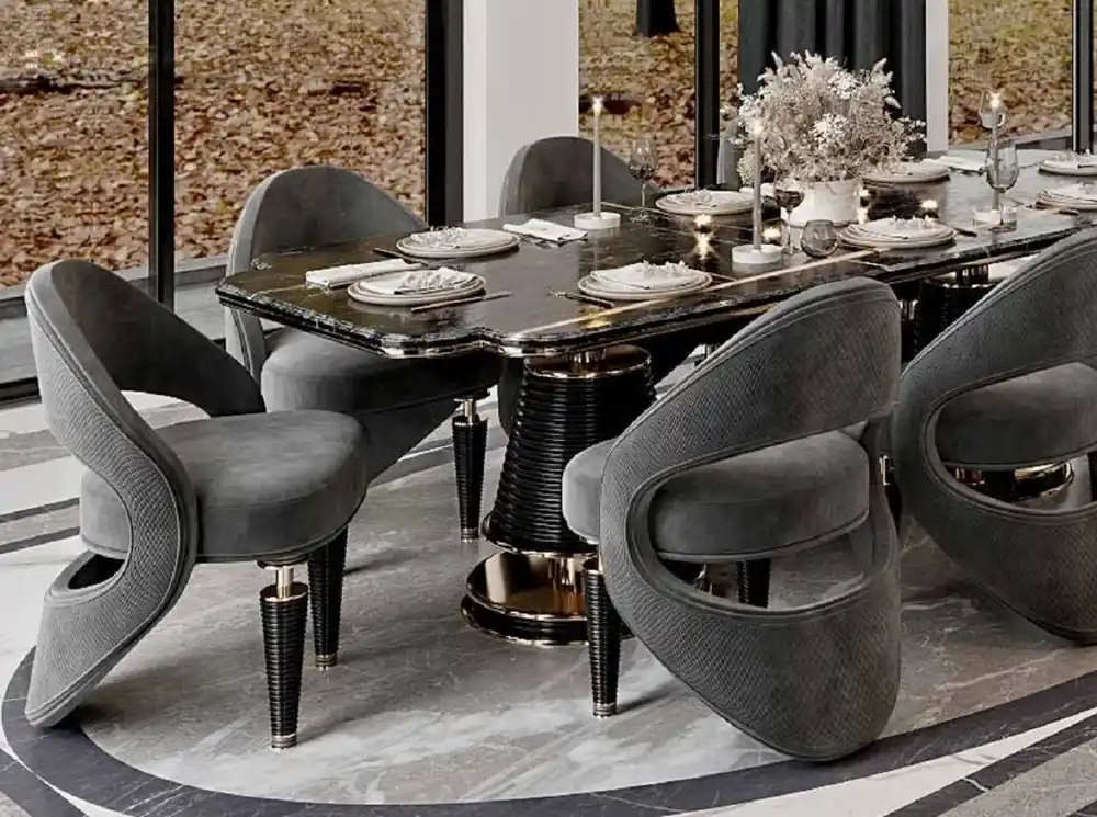 Casa Padrino Luxus Esszimmer Stuhl 8er Set Grau / Schwarz / Gold 57 x 60 x H. 85 cm - Esszimmer Möbel - Restaurant Möbel - Hotel Möbel - Luxus Möbel - Luxus Kollektion Expressversand