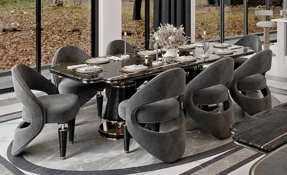 Neue Kollektion Casa Padrino Luxus Esszimmer Möbel Set Grau / Schwarz / Gold - 1 Luxus Esstisch mit Kunstmarmor Tischplatte & 8 Luxus Esszimmerstühle - Esszimmer Möbel - Restaurant Möbel - Luxus Möbel