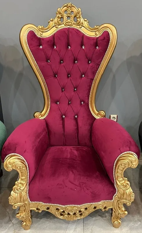 Casa Padrino Barock Thron Sessel mit edlem Samtstoff und Glitzersteinen Bordeauxrot / Gold - Prunkvoller Barockstil Königssessel - Barockstil Hochzeitssessel - Barock Riesensessel - Barock Möbel Direktkauf