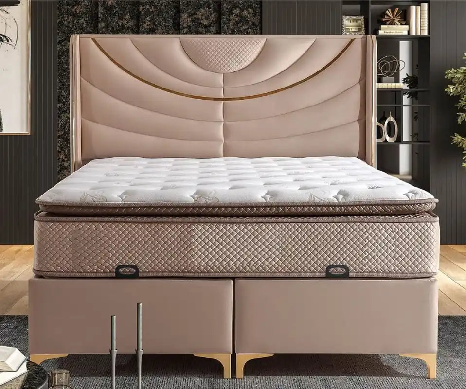 Mega-Angebot Casa Padrino Luxus Doppelbett Beige / Gold - Verschiedene Größen - Massivholz Bett mit Kopfteil und Matratze - Schlafzimmer Möbel - Hotel Möbel - Luxus Möbel