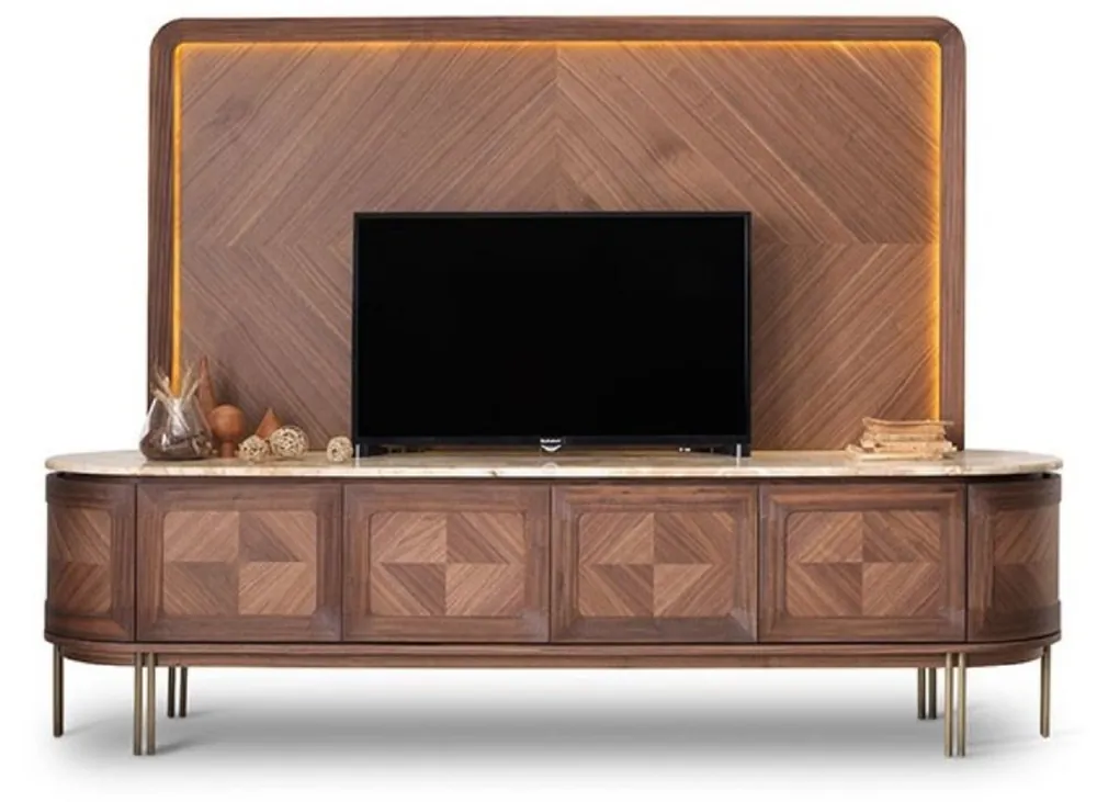 Highlight Casa Padrino Luxus TV Schrank Set Braun / Beige / Messing - Wohnzimmer Sideboard mit 4 Türen & beleuchteter TV Rückwand - Wohnzimmer Möbel - Hotel Möbel - Luxus Möbel