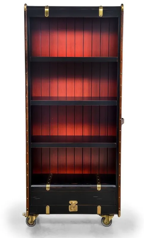 Casa Padrino Luxus Regalschrank in Koffer Optik Schwarz / Rot / Braun / Messing 84 x 35 x H. 200 cm - Massivholz Kofferschrank mit Rollen - Büro Schrank - Büro Möbel - Luxus Möbel Sonderaktion