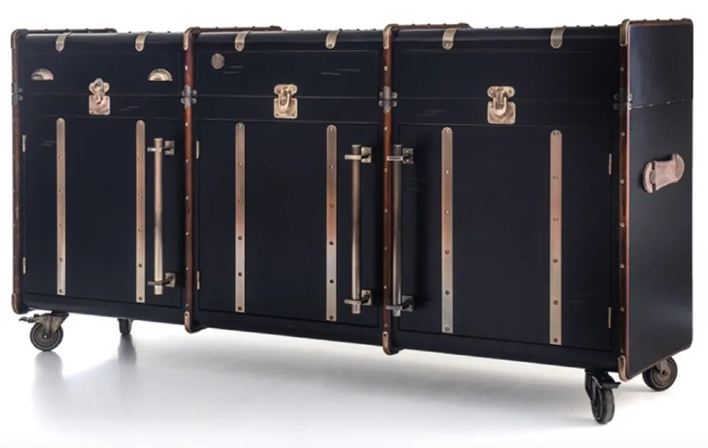 Garantierte Lieferung Casa Padrino Luxus Sideboard in Koffer Optik Schwarz / Braun / Messing 200 x 48 x H. 101 cm - Massivholz Kofferschrank mit Rollen - Büro Schrank - Wohnzimmer Schrank - Luxus Möbel