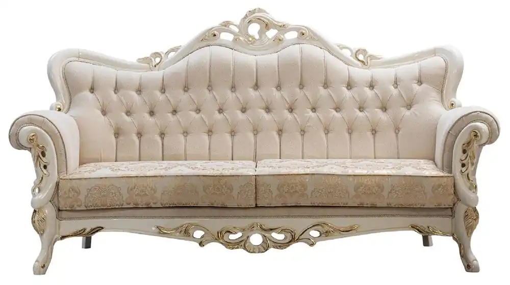 Casa Padrino Luxus Barock Sofa Weiß / Gold - Barockstil Wohnzimmer Sofa mit elegantem Muster - Luxus Wohnzimmer Möbel im Barockstil - Barock Möbel - Barock Einrichtung Markenware
