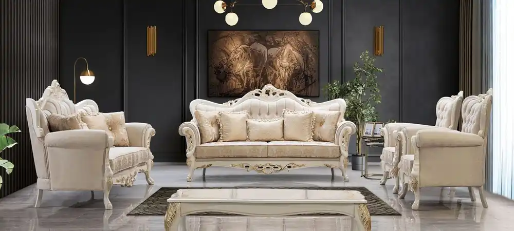 Casa Padrino Luxus Barock Wohnzimmer Set Weiß / Gold - 2 Barock Sofas & 2 Barock Sessel & 1 Barock Couchtisch - Luxus Wohnzimmer Möbel im Barockstil - Barock Möbel - Edel & Prunkvoll Top-Angebot