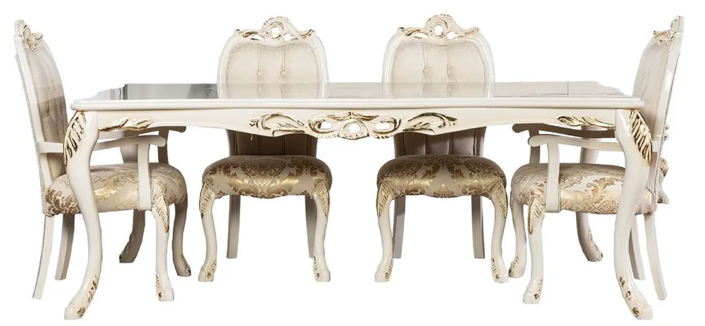 Casa Padrino Luxus Barock Esszimmer Set Weiß / Gold - 1 Barock Esstisch & 6 Barock Esszimmerstühle - Luxus Esszimmer Möbel im Barockstil - Prunkvolle Barock Esszimmer Möbel Aktuell