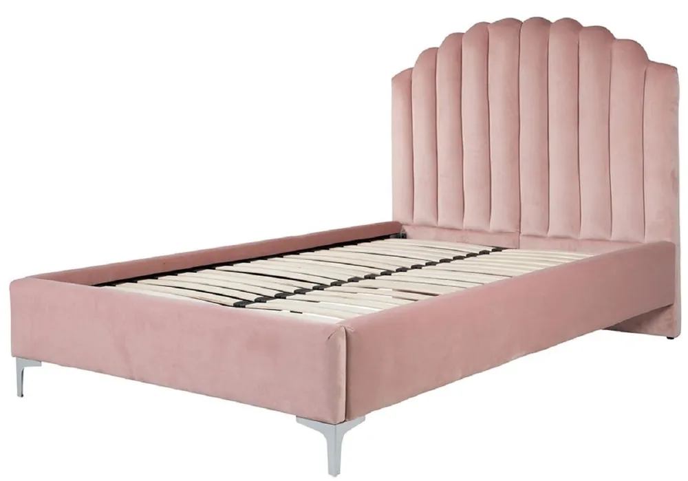 Casa Padrino Luxus Art Deco Doppelbett Rosa / Silber 136 x 215 x H. 131 cm - Massivholz Bett mit edlem Samtstoff - Luxus Schlafzimmer Möbel - Hotel Möbel - Art Deco Möbel Neu Im Sortiment