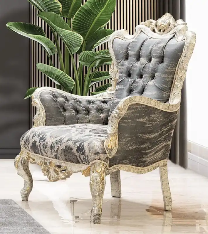 Schnäppchen Casa Padrino Luxus Barock Sessel Grau / Antik Weiß / Gold - Prunkvoller Wohnzimmer Sessel mit elegantem Muster - Luxus Wohnzimmer Möbel im Barockstil - Barock Möbel - Barock Einrichtung