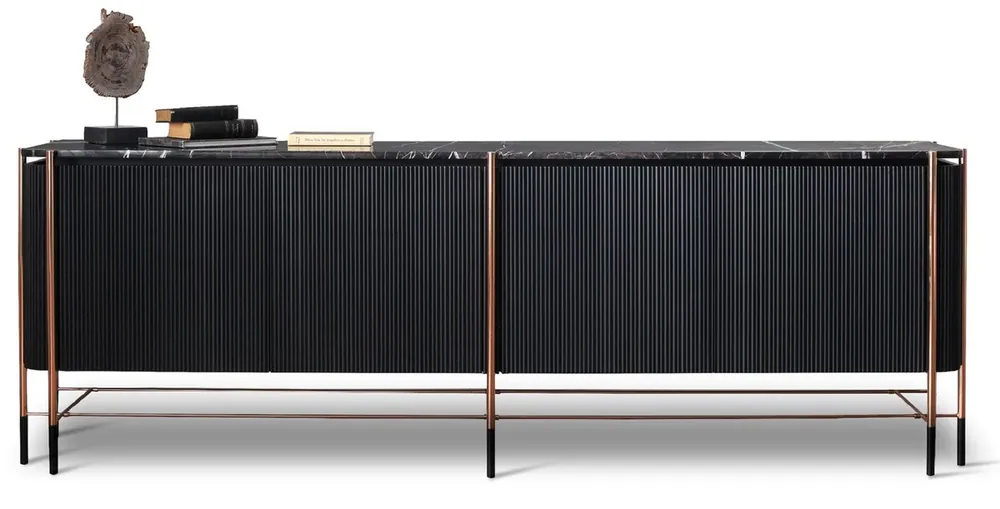 Casa Padrino Luxus Sideboard Schwarz / Matt Schwarz / Kupfer 240 x 47 x H. 80 cm - Massivholz Schrank mit 4 Türen und Marmorplatte - Esszimmer Möbel - Wohnzimmer Möbel - Hotel Möbel - Luxus Möbel Echt