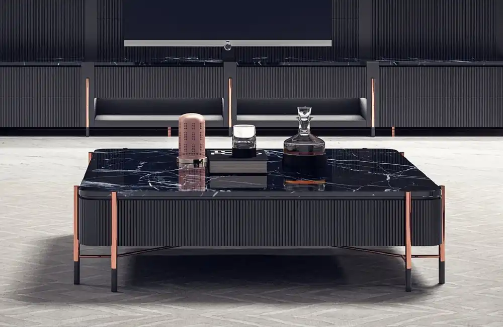Nur Heute Casa Padrino Luxus Couchtisch Schwarz / Matt Schwarz / Kupfer 124 x 124 x H. 35 cm - Quadratischer Wohnzimmertisch mit Marmorplatte - Wohnzimmer Möbel - Hotel Möbel - Luxus Möbel