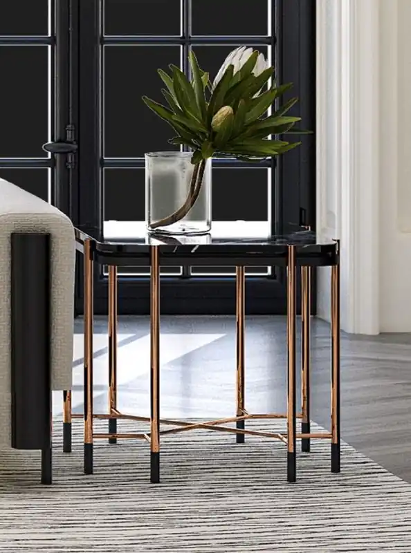 Direkt Vom Hersteller Casa Padrino Luxus Beistelltisch Schwarz / Matt Schwarz / Kupfer 59 x 59 x H. 55 cm - Quadratischer Tisch mit Marmorplatte - Wohnzimmer Möbel - Hotel Möbel - Luxus Möbel