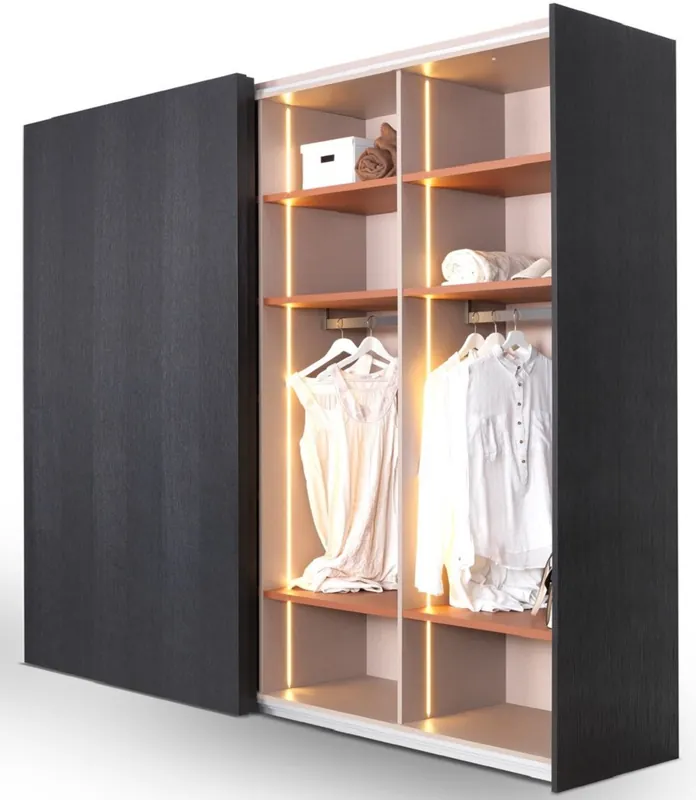 Casa Padrino Luxus Schlafzimmerschrank Schwarz 260 x 70 x H. 228 cm - Beleuchteter Massivholz Kleiderschrank mit 2 Schiebetüren - Schlafzimmer Möbel - Hotel Möbel - Luxus Möbel Letzte Chance