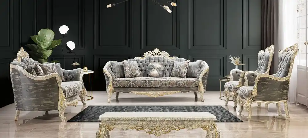 Expressversand Casa Padrino Luxus Barock Wohnzimmer Set Grau / Antik Weiß / Gold - 2 Barock Sofas & 2 Barock Sessel & 1 Barock Couchtisch - Luxus Wohnzimmer Möbel im Barockstil - Barock Möbel - Edel & Prunkvoll