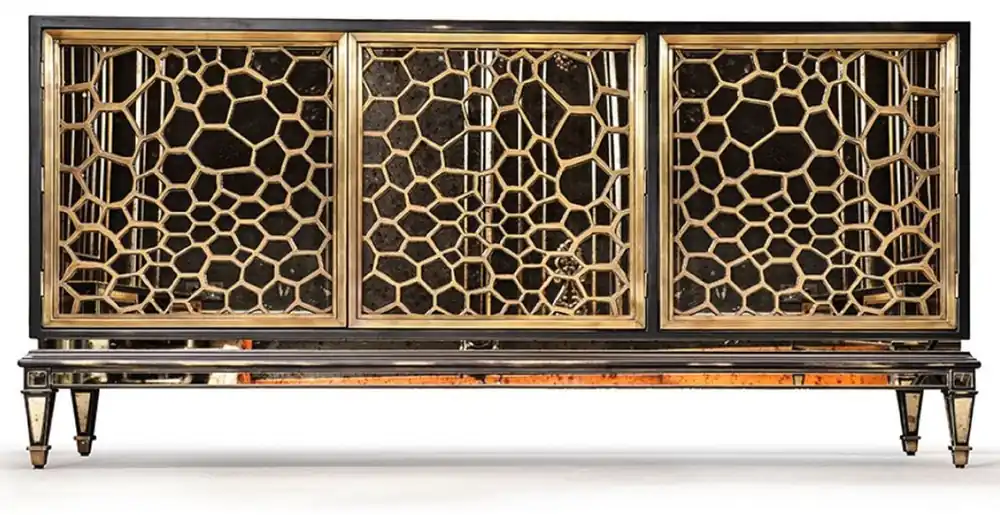 Casa Padrino Luxus Art Deco Sideboard Schwarz / Gold / Messing 204 x 52,5 x H. 96 cm - Verspiegelter Massivholz Schrank mit 3 Türen - Art Deco Möbel - Luxus Möbel Geprüft